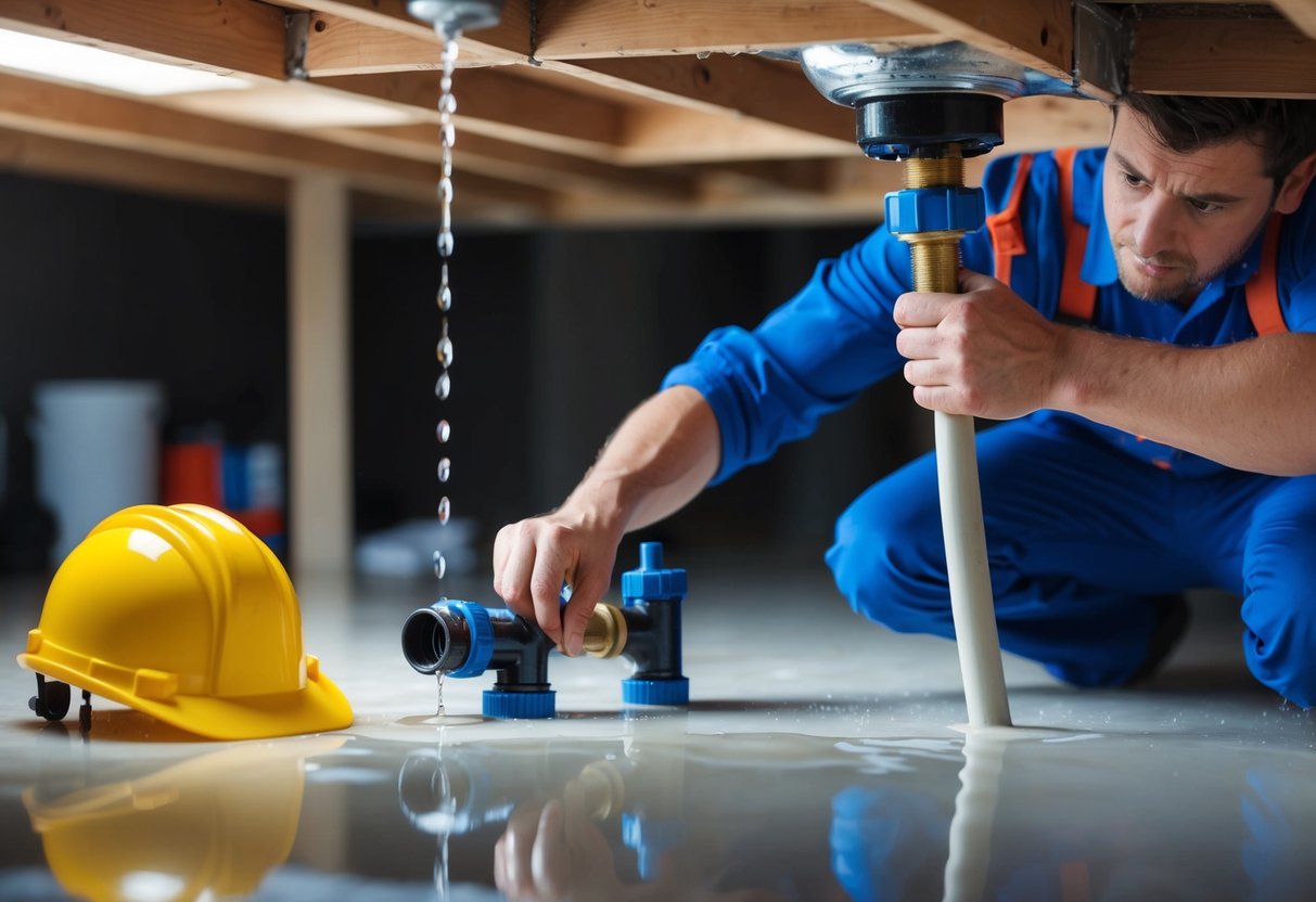 A plumber quickly fixing a leaking pipe under a roof while water drips onto the floor