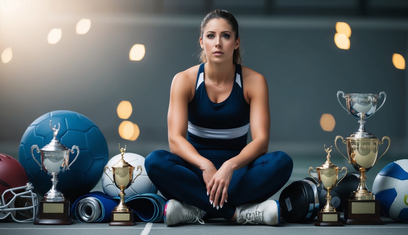 A female athlete sits alone, surrounded by sports equipment and trophies. She looks contemplative, with a mix of determination and uncertainty in her expression