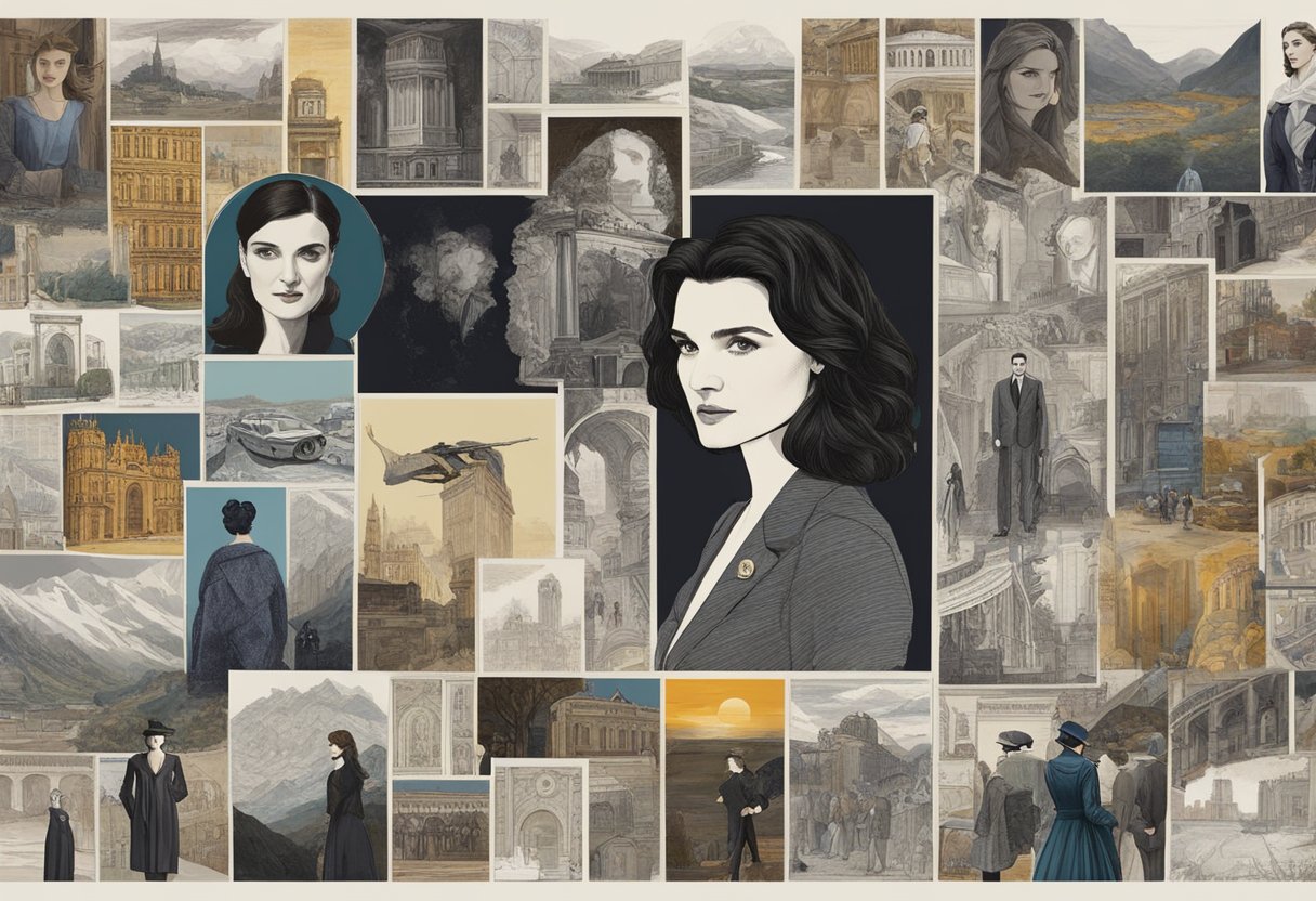 Rachel Weisz's film career is showcased in a top 12 list, with her iconic roles and film stills displayed in a cinematic collage