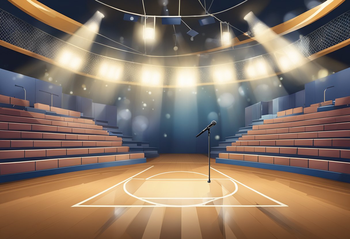 A spotlight shines on a stage with a microphone and musical notes floating in the air. The backdrop features a high school setting with lockers and a basketball hoop