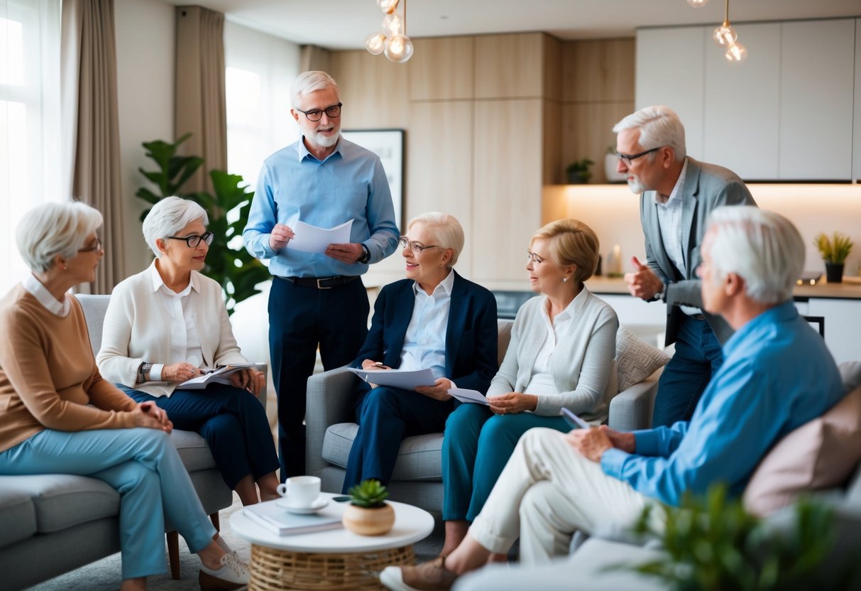 Eine Gruppe Senioren diskutiert in einem gemütlichen, modernen Wohnzimmer über Finanzmodelle und staatliche Unterstützung für alternative Wohnformen