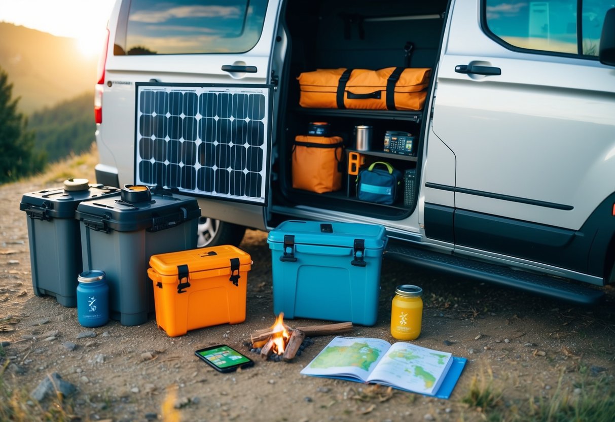 Ein kompakter Van mit Campingausrüstung, Solarpaneelen und Lagerbehältern. Eine Karte, ein Reiseführer und ein Smartphone mit Reise-Apps. Outdoor-Aktivitäten wie Wandern, Radfahren und Kochen am Lagerfeuer