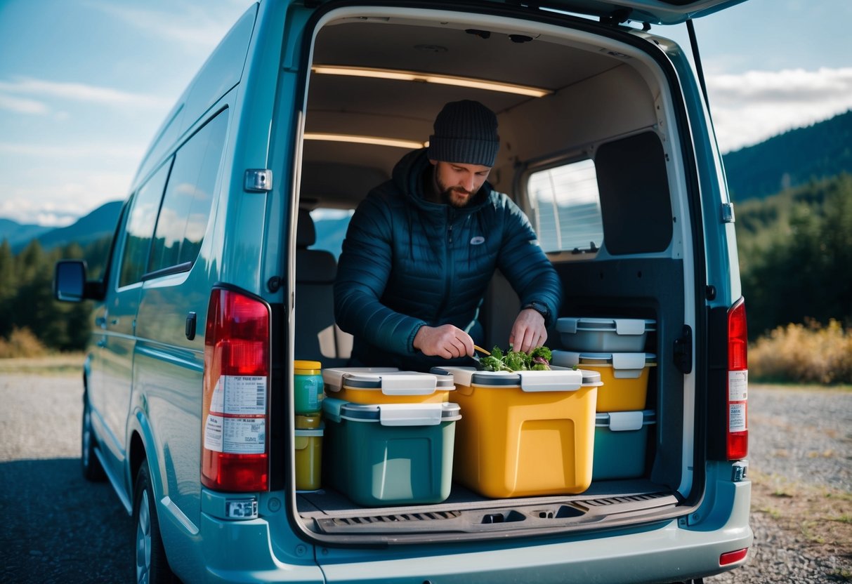 Ein an einem malerischen Ort geparkter Lieferwagen, in dem eine Person luftdichte Behälter zum Aufbewahren von Lebensmitteln im Lieferwagen verwendet. Outdoor-Ausrüstung und Natur im Hintergrund