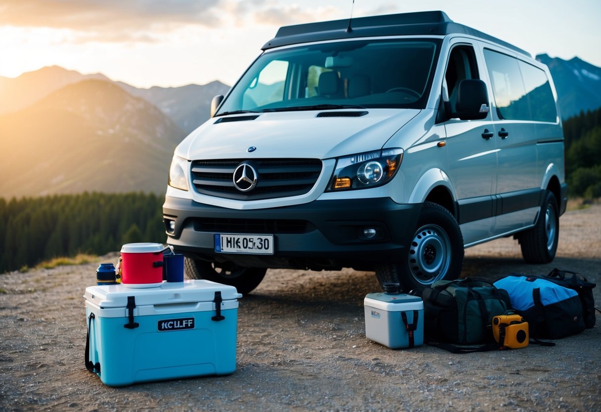 Ein an einem malerischen Ort geparkter Lieferwagen, daneben steht eine hochwertige Kühlbox. Der Van ist von Outdoor-Ausrüstung und Zubehör umgeben, was ein Gefühl von Abenteuer und Reisen vermittelt