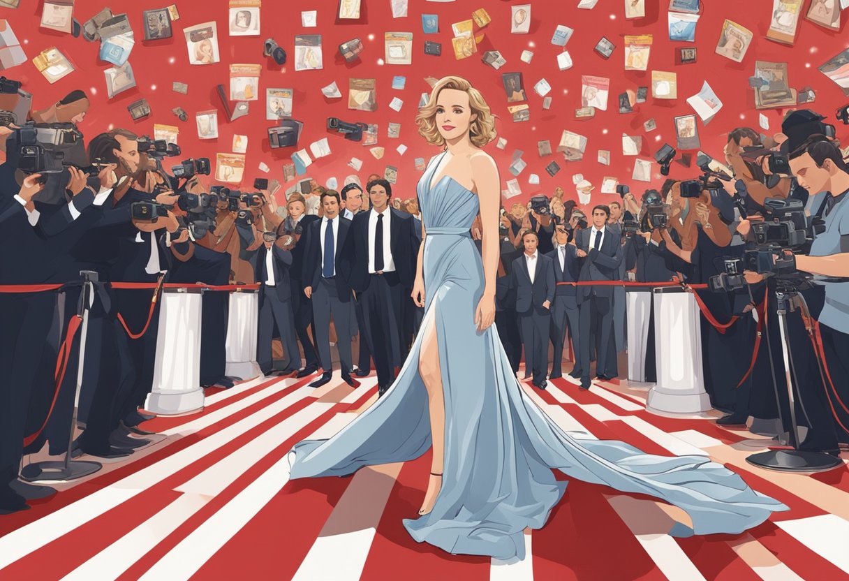 Rachel McAdams stands on a red carpet, surrounded by flashing cameras and adoring fans. Movie posters of her top 15 films line the walls, creating a glamorous backdrop for the beginning of her film career