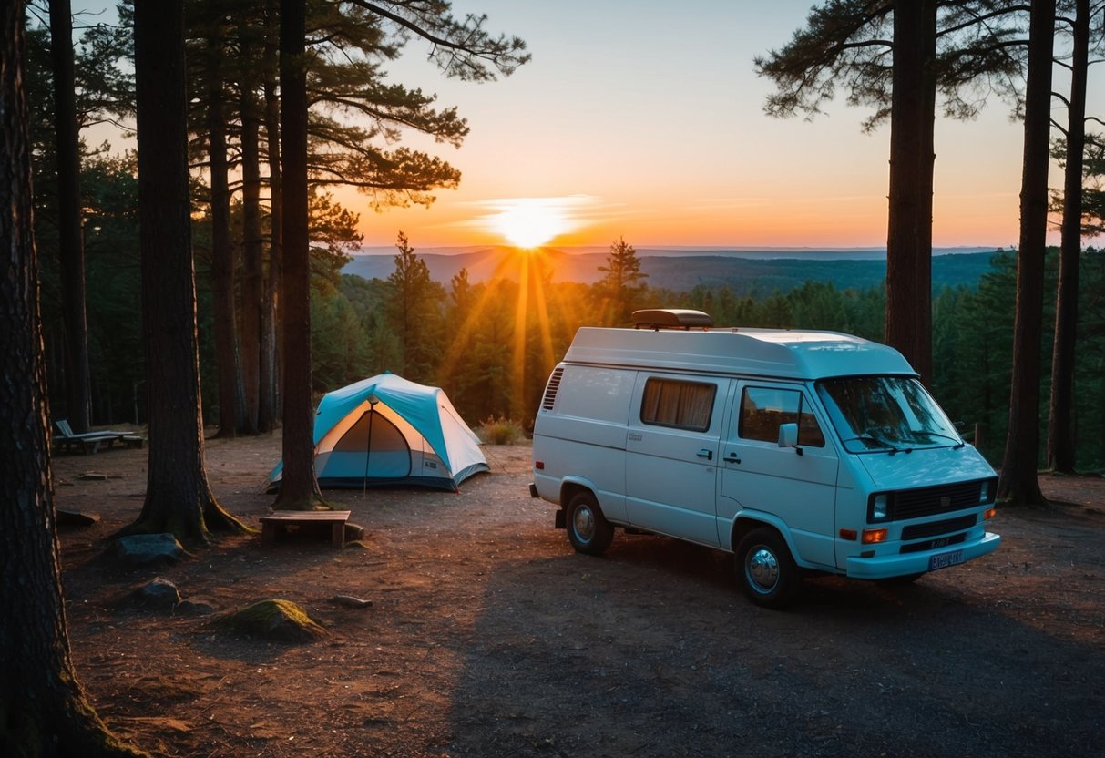 Ein ruhiger Campingplatz, eingebettet in einem abgelegenen Wald, mit einem gemütlichen Van, der in der Nähe geparkt ist. Die Sonne geht über dem Horizont unter und wirft einen warmen Schein auf die friedliche Szene