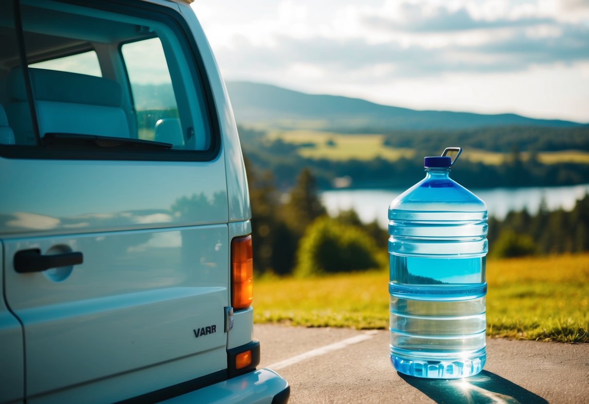 Ein Lieferwagen, der an einem malerischen Ort geparkt ist, mit einem klaren Wasserbehälter und einer wunderschönen Landschaft im Hintergrund