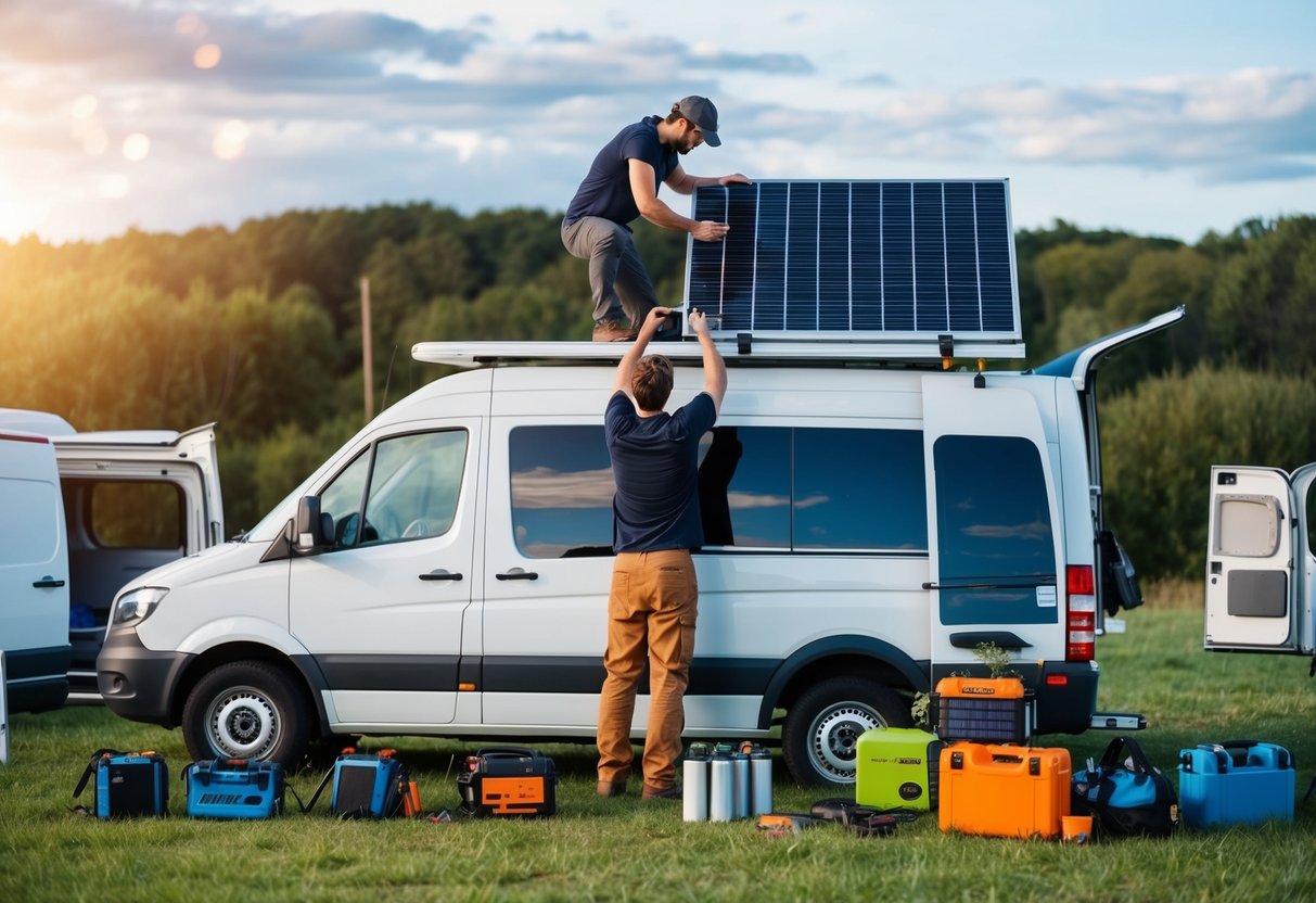 Eine Person installiert ein Solarpanel auf dem Dach eines Wohnmobils. Rund um den Van befinden sich verschiedene Camping- und Vanlife-Ausrüstungen und -Werkzeuge