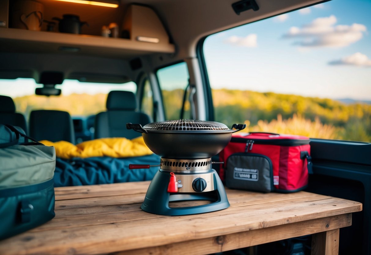 Ein tragbarer Herd oder Grill steht auf einem rustikalen Holztisch, umgeben von Campingausrüstung und einem gemütlichen Van-Interieur mit einer malerischen Außenkulisse