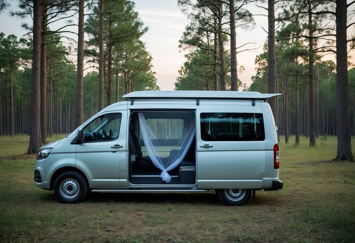 Ein Lieferwagen parkte auf einer ruhigen Waldlichtung, umgeben von hohen Bäumen. Über der offenen Hintertür ist ein Moskitonetz drapiert, das den Innenraum vor Insekten schützt