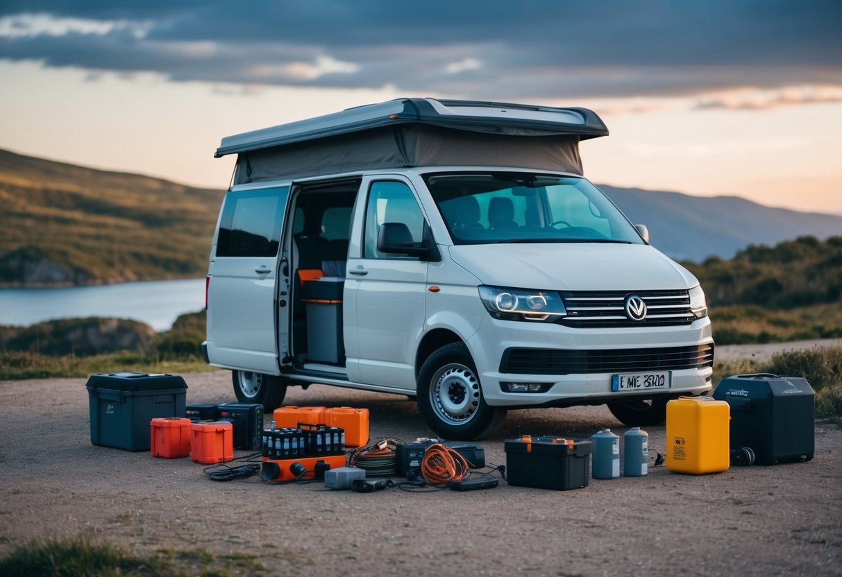 Ein Lieferwagen, der an einem malerischen Ort geparkt ist und in dem eine Vielzahl von Campingausrüstungen und Vorräten verstreut sind, darunter Batterien und Ersatzteile