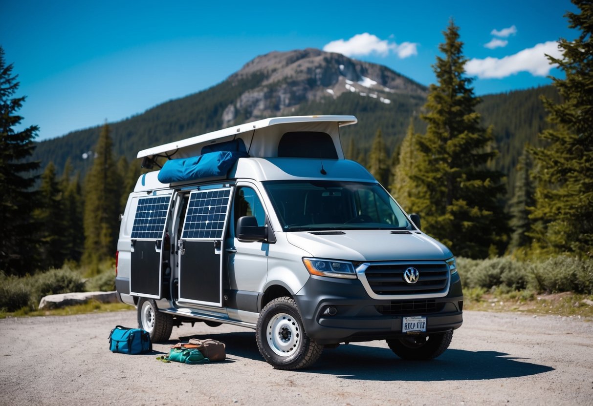 Ein Lieferwagen, der an einem malerischen Ort mit Bergkulisse geparkt ist, umgeben von Bäumen und einem klaren blauen Himmel. Der Van ist mit Solarpaneelen und Outdoor-Ausrüstung ausgestattet, mit einer Karte und einem Reiseführer auf dem Armaturenbrett