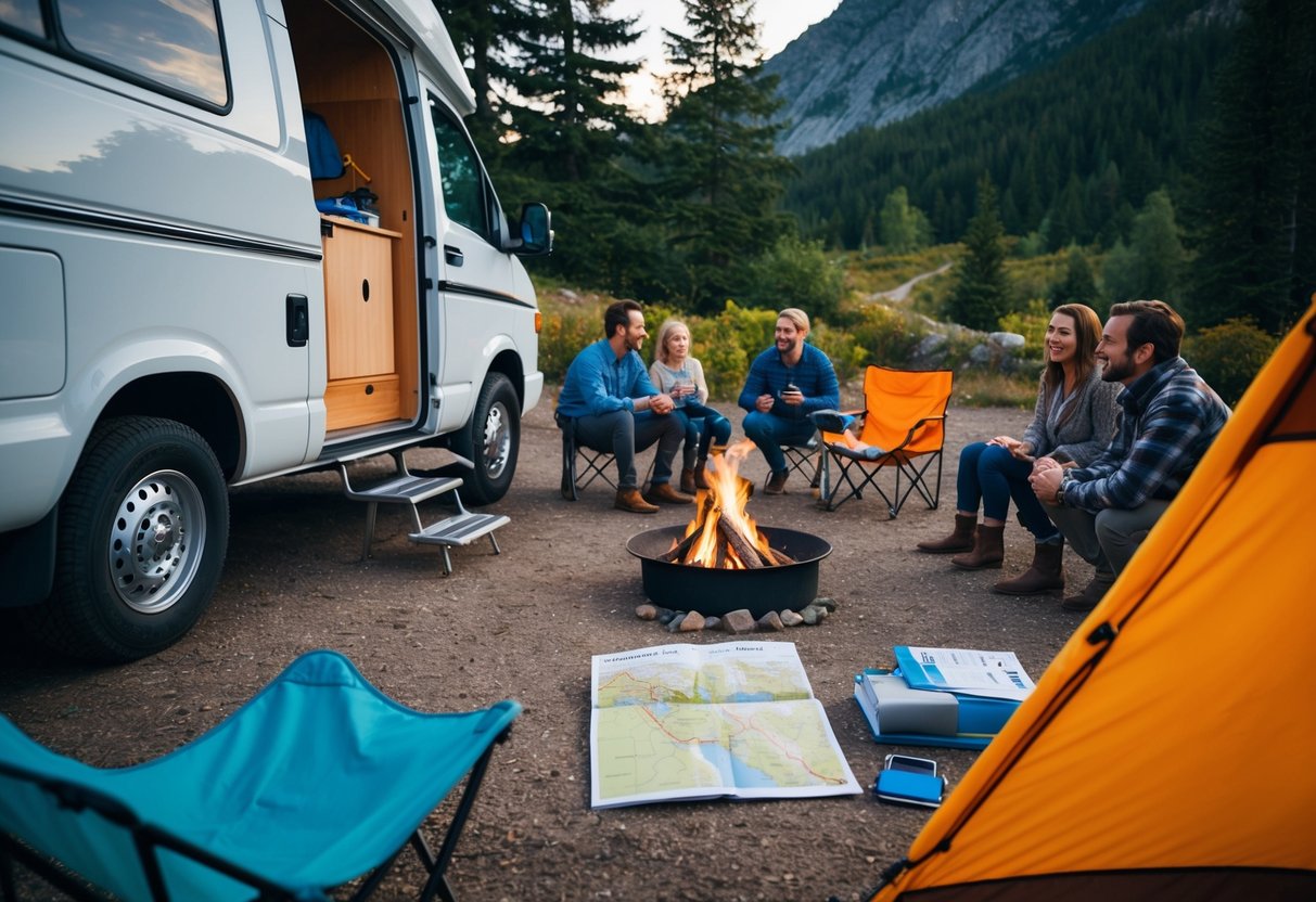 Ein gemütlicher Van, der an einem malerischen Ort geparkt ist, mit einem Lagerfeuer und Campingstühlen draußen. Auf einem Tisch in der Nähe liegen eine Karte und ein Reiseführer ausgebreitet, während sich Freunde und Familie treffen, um bevorstehende Reisepläne zu besprechen