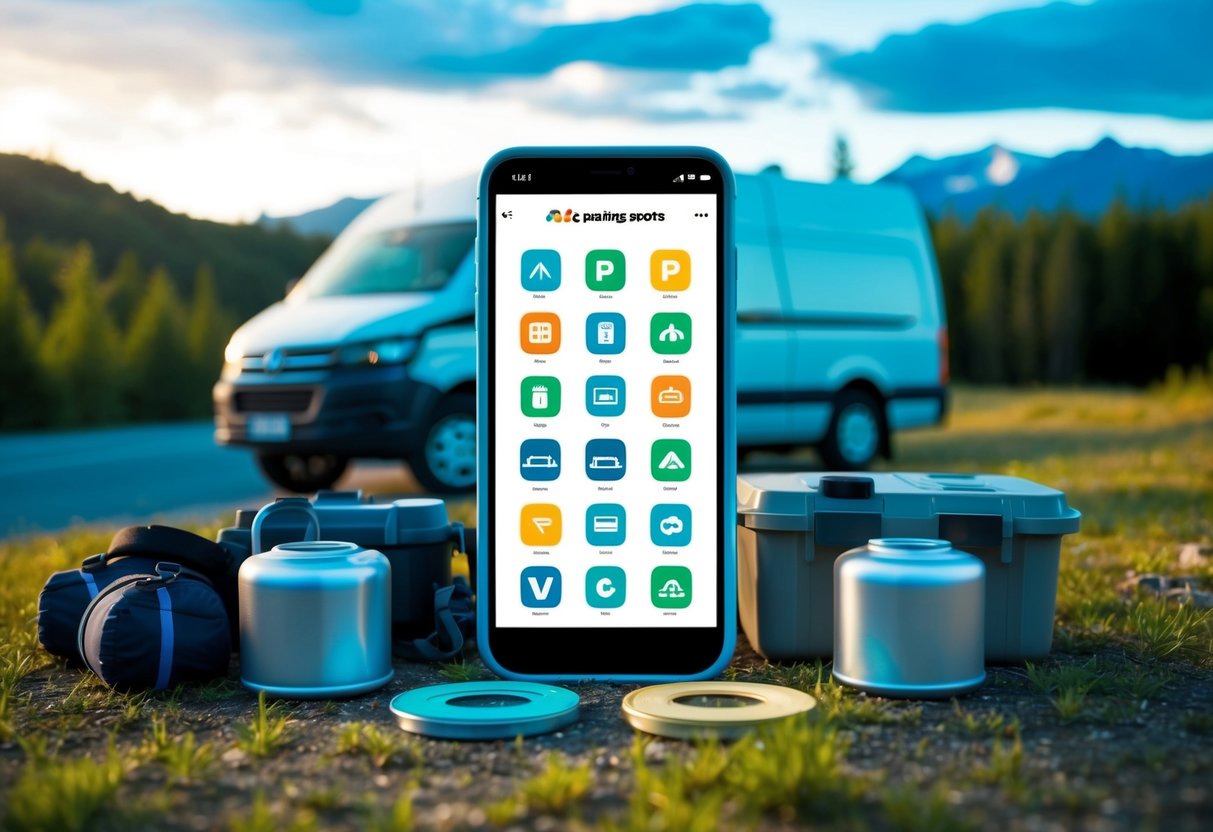 Eine Illustration eines Smartphones mit verschiedenen App-Symbolen zum Finden von Parkplätzen, umgeben von Campingausrüstung und einem Van in einer malerischen Umgebung im Freien