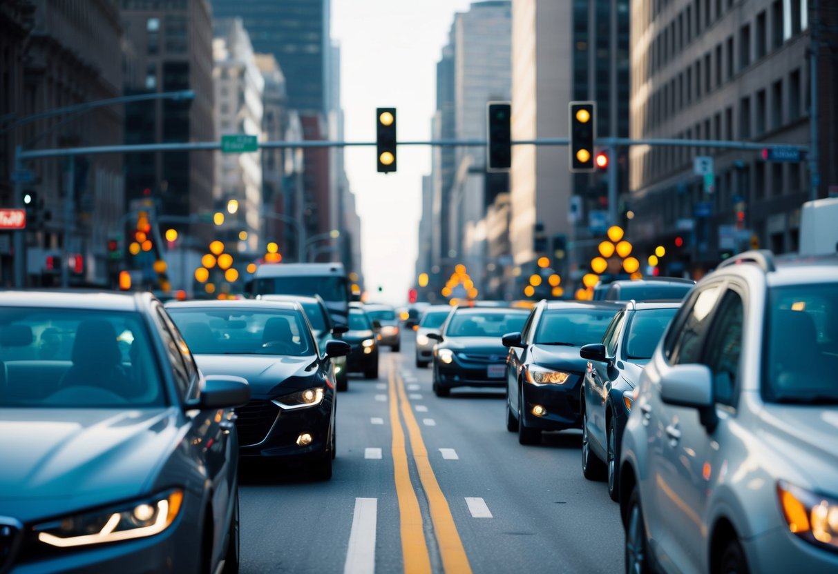 Cars driving on a busy city street with a traffic wave generator in the background, emitting signals to control the flow of vehicles