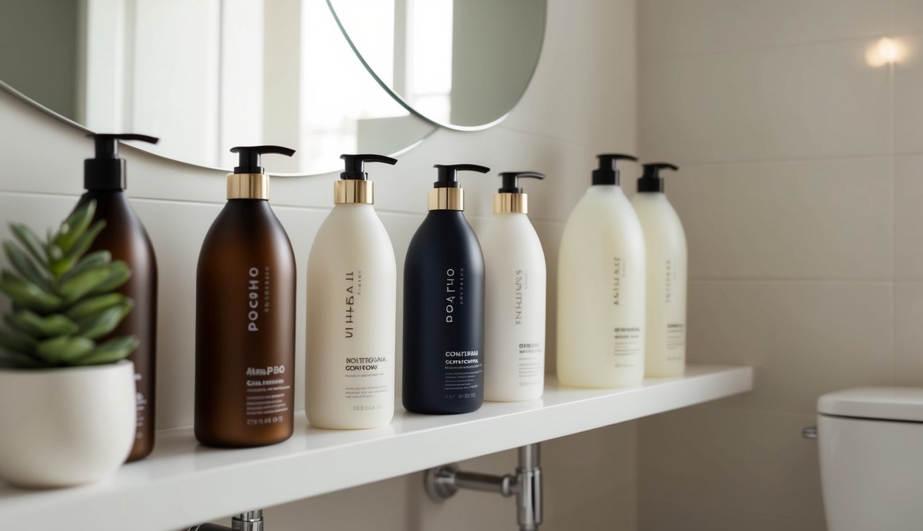 A clean, modern bathroom shelf with neatly arranged shampoo and conditioner bottles. Soft lighting and a neutral color palette create a serene atmosphere