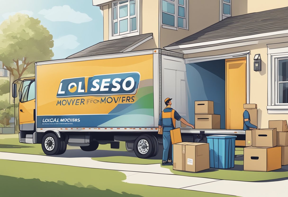 A moving truck parked in front of a house with a 'Local SEO for Movers' sign displayed prominently on the side. Various moving boxes and furniture are being loaded and unloaded by workers