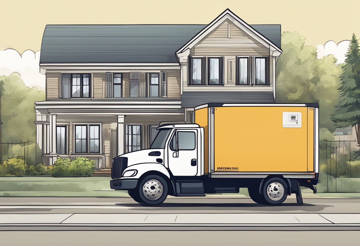 A moving company's truck parked in front of a house, with a map and location marker indicating local service area