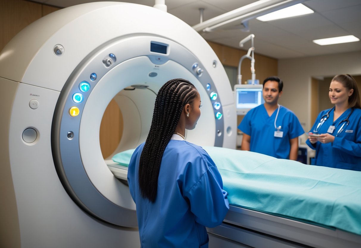 A person with nano hair extensions entering an MRI machine, with medical staff and equipment nearby