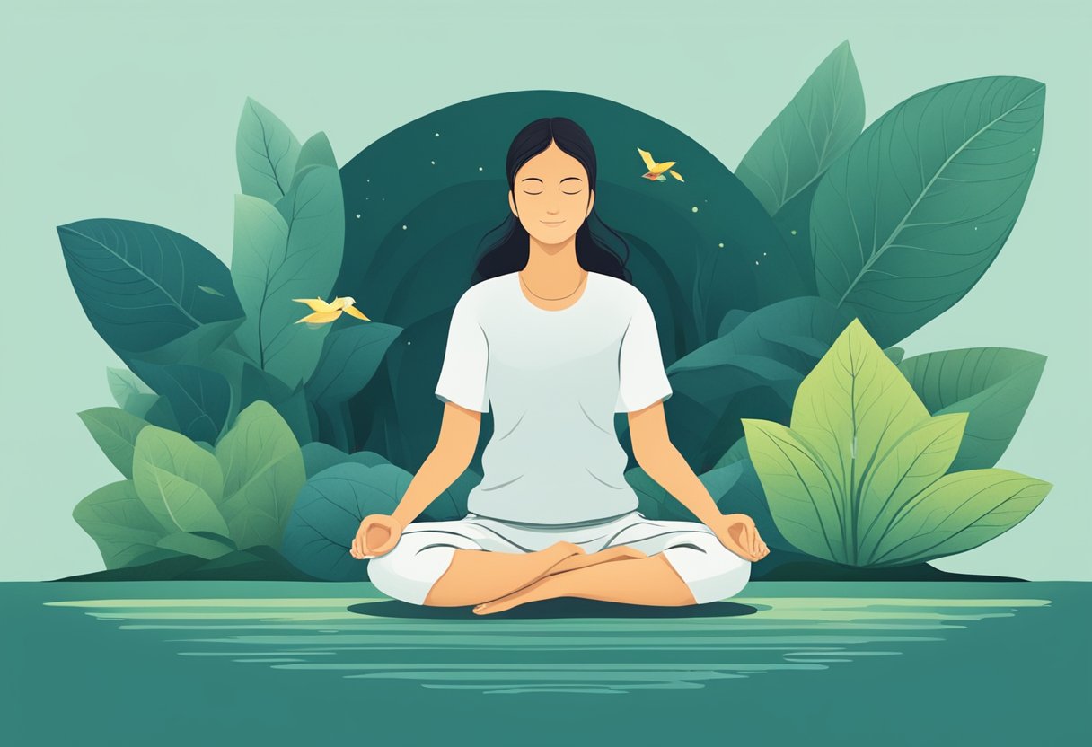 A serene figure sits in lotus position, surrounded by nature. The air is calm, and the atmosphere is peaceful and meditative