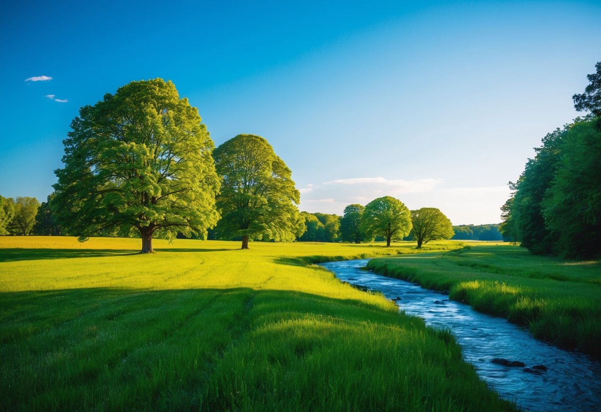 A serene landscape with a clear blue sky, vibrant green trees, and a peaceful flowing stream