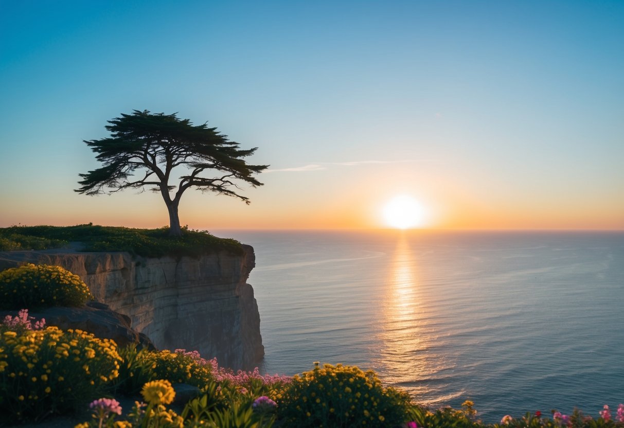 A serene sunrise over a calm ocean, with a lone tree standing tall on a cliff, surrounded by vibrant flowers and a clear blue sky