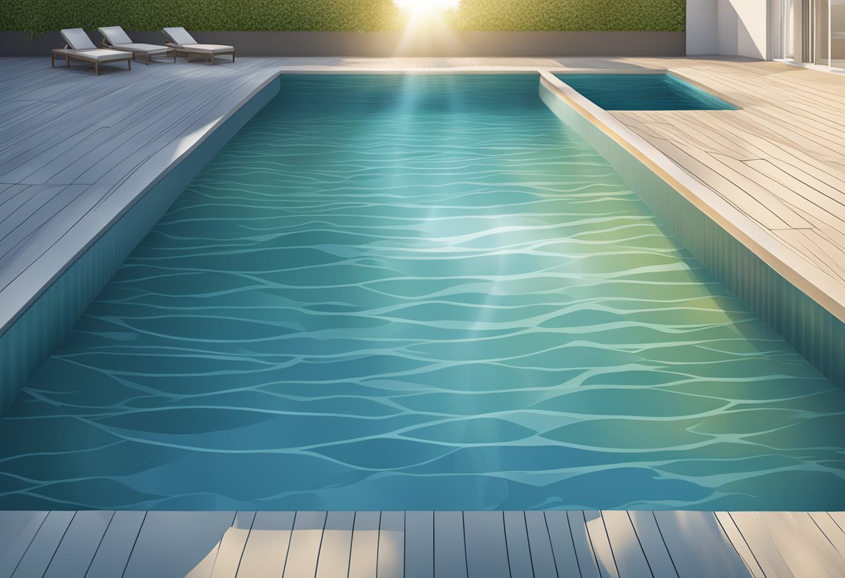 A pool cover is stretched tightly over the water's surface, reflecting the sunlight and creating a smooth, solid barrier