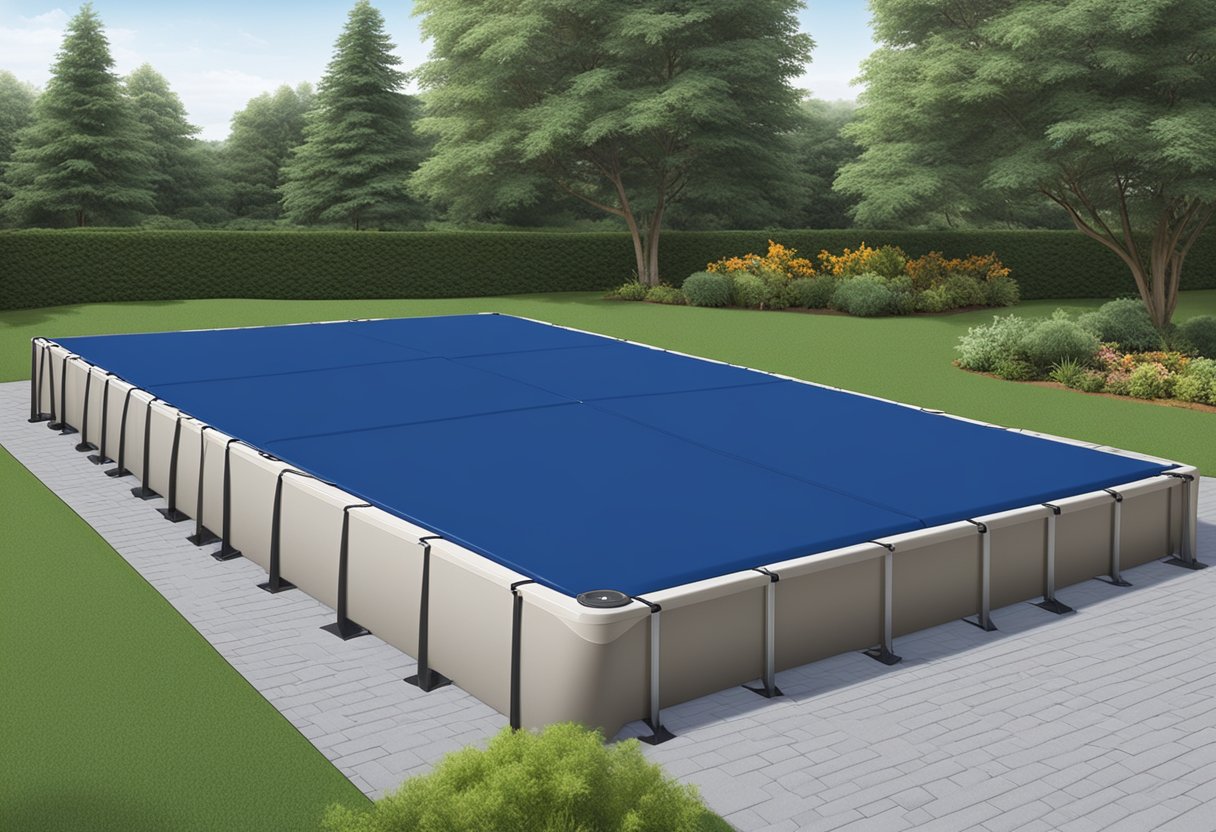 A hard pool cover sits securely over the water, protecting it from debris and retaining heat. The cover features a durable, solid surface with a secure locking mechanism