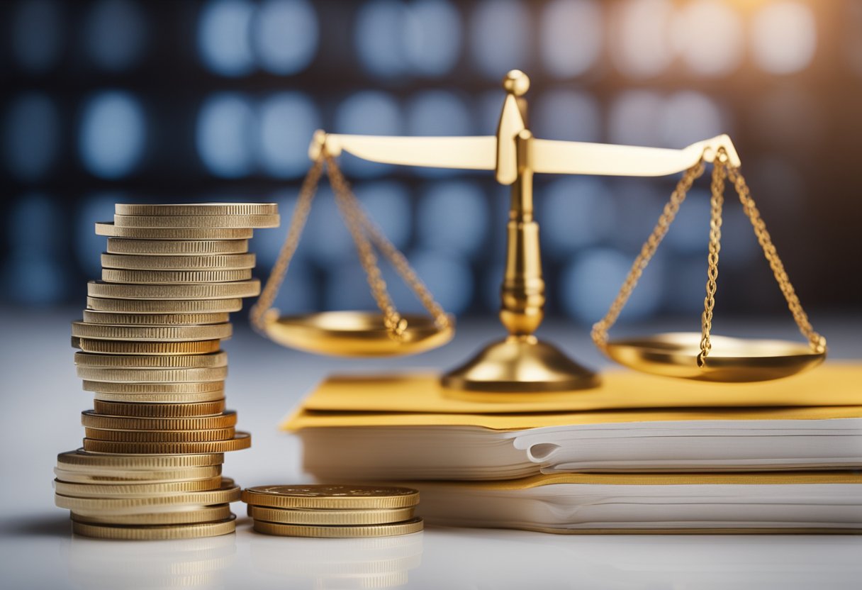 A scale balancing a stack of coins and a pile of risk assessment documents