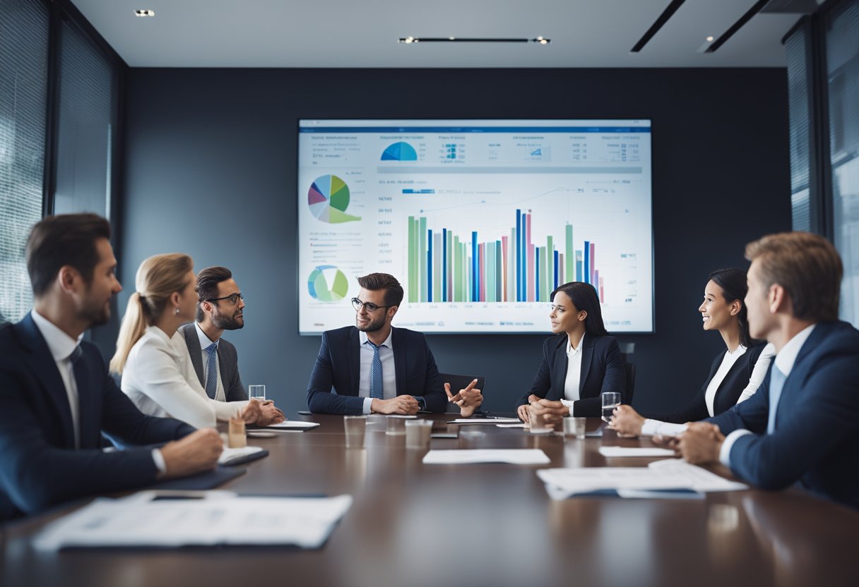A group of investors and managers discussing cost of equity capital in a boardroom setting with financial charts and graphs displayed on a large screen