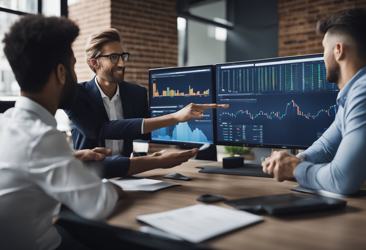 A group of people sitting around a table, discussing and analyzing financial data on a computer screen, while one person gestures towards a chart showing the cost of equity capital