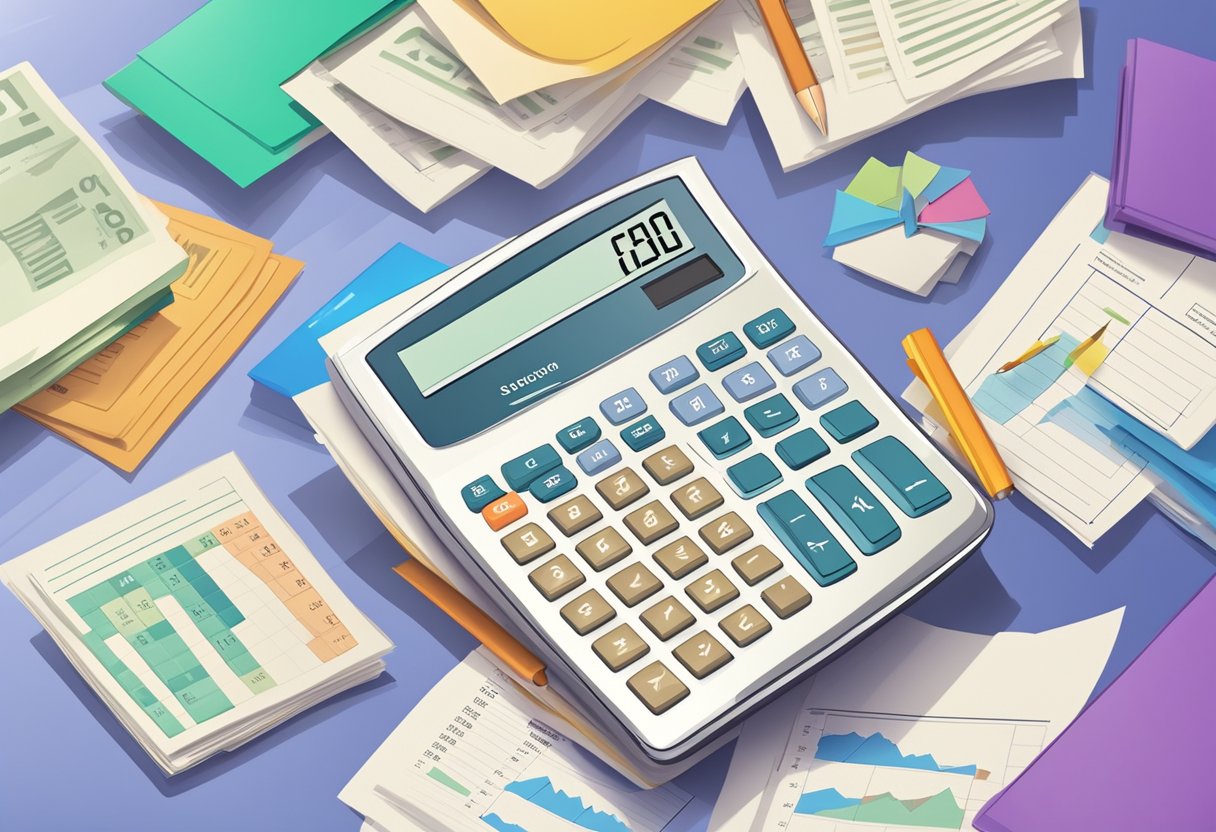 A calculator surrounded by financial documents, with arrows representing the flow of income and deductions