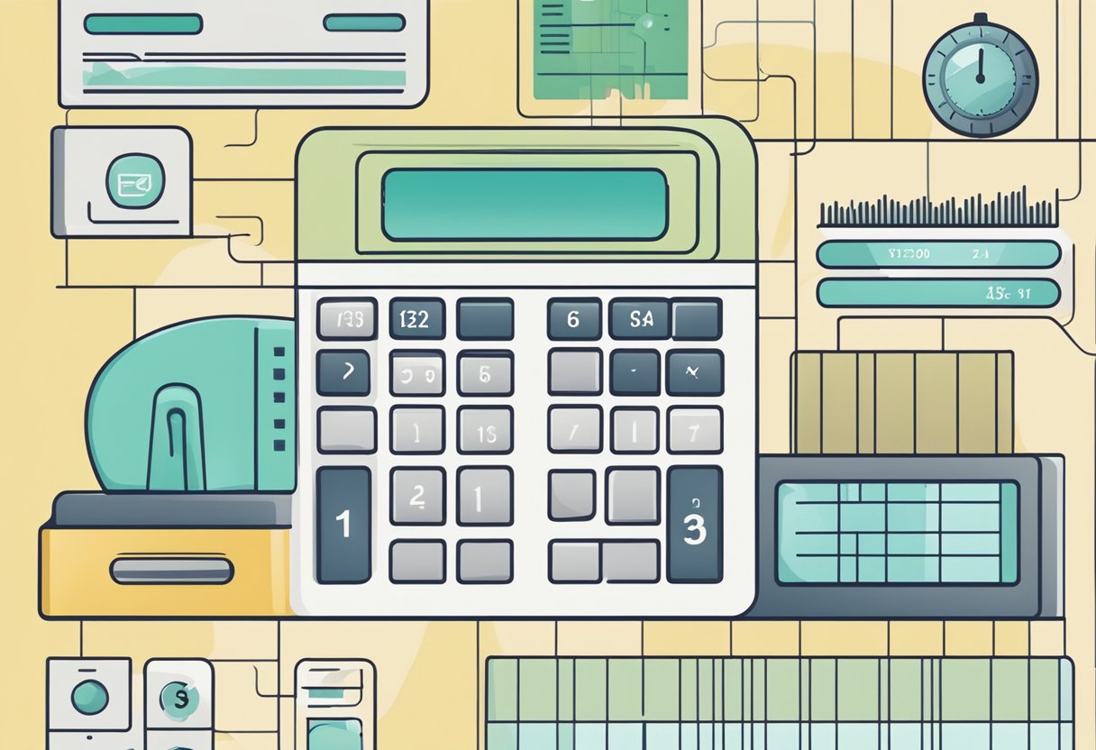 A computer screen displays an online bruto-netto calculator with input fields and a button for calculation. The website's design is clean and modern, with a simple color scheme