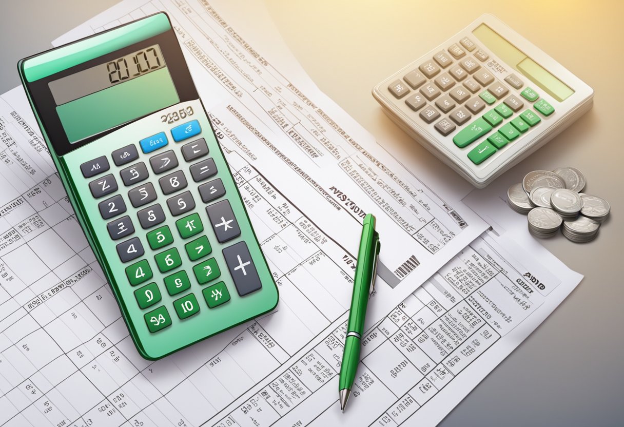 A calculator with a paycheck and tax forms, representing the calculation of net salary from gross in the year 2024