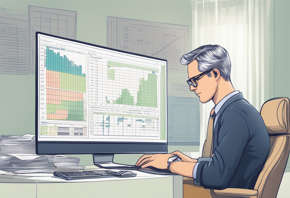 An accountant calculates net to gross income on a computer screen with financial documents and a calculator nearby