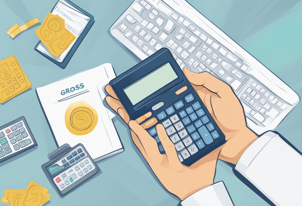 A hand reaching for a calculator with numbers displayed, while a scale symbolizes the calculation of gross and net income