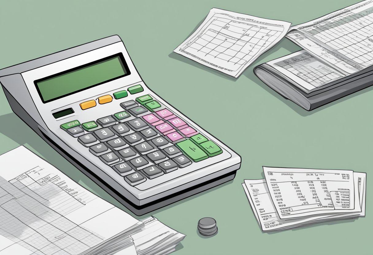 A calculator and pay stub show the process of calculating net salary from a 3000 gross wage