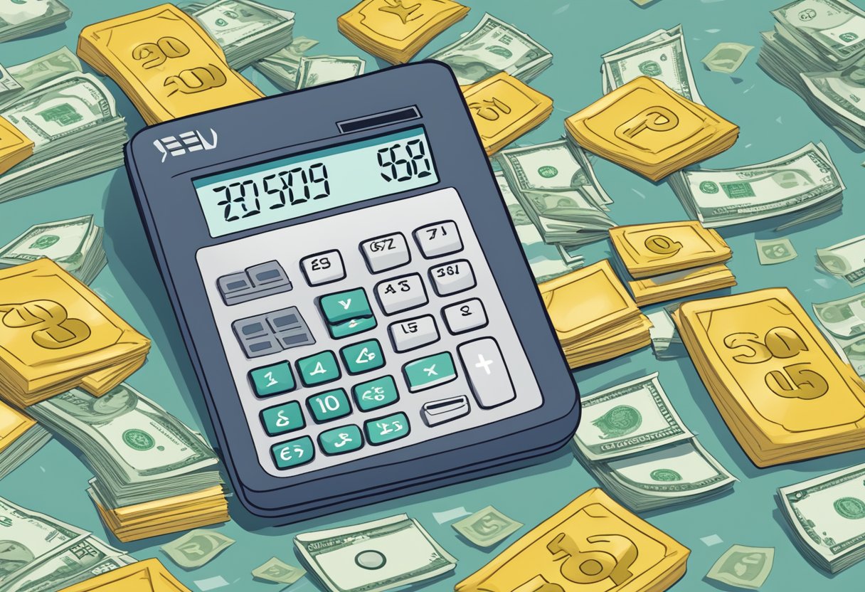 A calculator displaying the gross amount of 2500, with an arrow pointing to a smaller net amount, surrounded by currency symbols and tax percentages