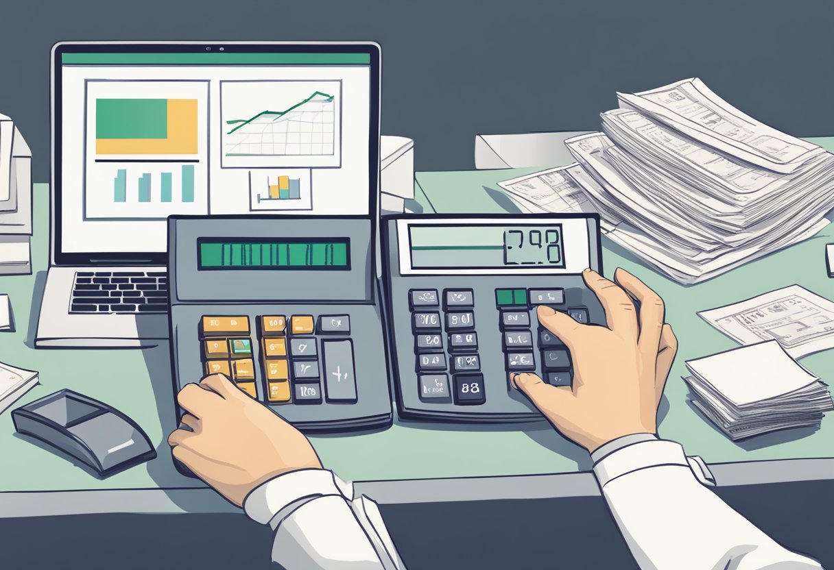 An office desk with a computer, calculator, and pay stubs. A person's hand reaching for a calculator