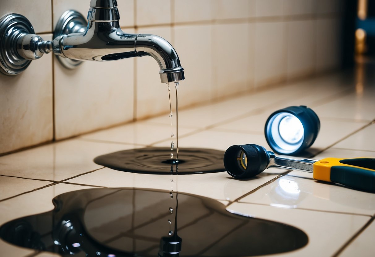 A dripping faucet above a puddle on a tiled floor, with a plumber's wrench and flashlight nearby