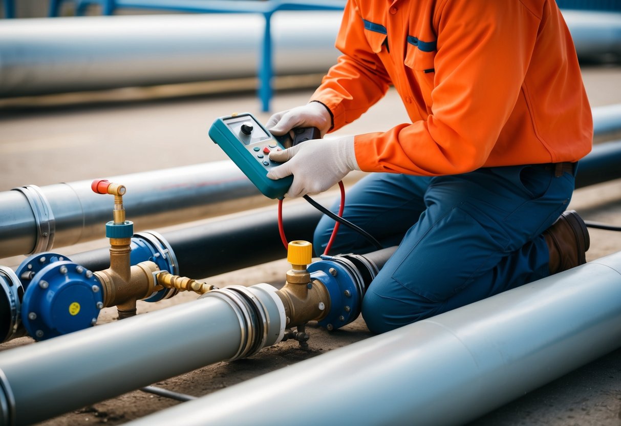 A technician uses specialized equipment to detect leaks in pipes made of various materials