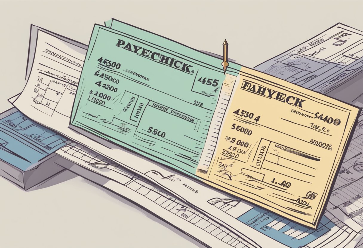 A paycheck with the amount "4500" written on it, and arrows indicating the deduction of taxes and other expenses, resulting in a smaller amount