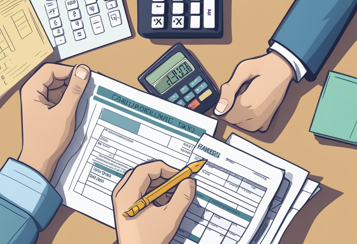 A paycheck being handed over with a calculator and tax forms nearby