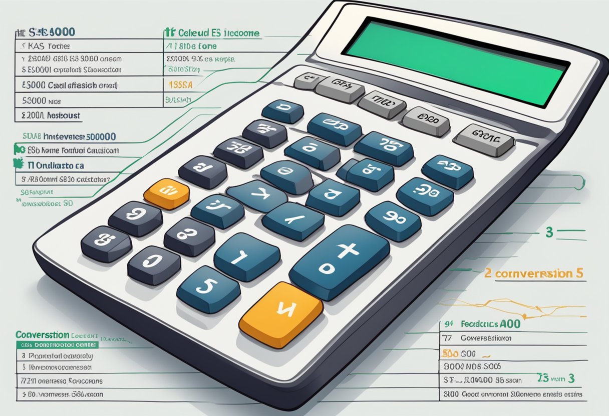 A calculator displaying the conversion of 5000 gross to net income, with various tax deductions and credits listed