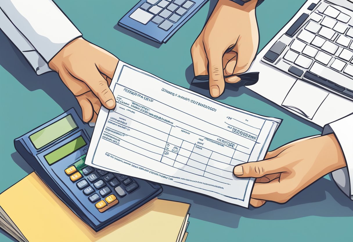 A paycheck being handed over, with numbers and calculations in the background