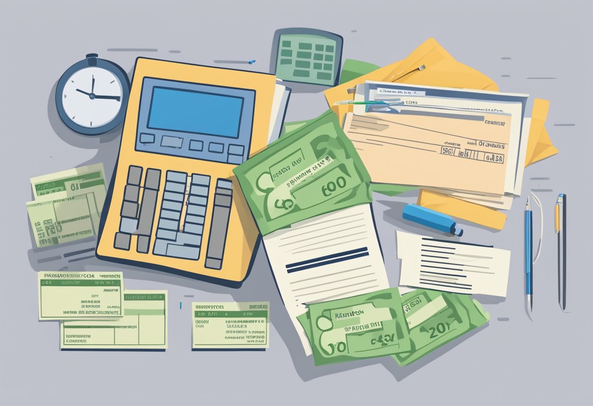 A paycheck with the gross and net amounts listed, a calculator, and a pay stub showing deductions