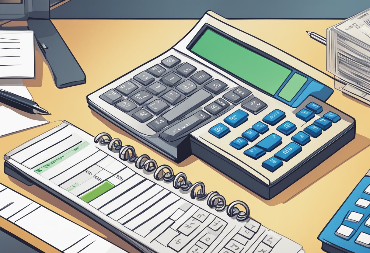 A calculator, a paystub, a pen, and a computer screen displaying a salary breakdown from 3200 gross to net