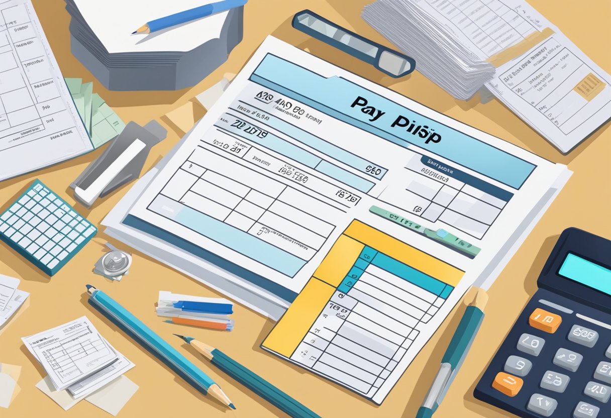 A pay slip with the gross and net income amounts highlighted, surrounded by financial documents and a calculator