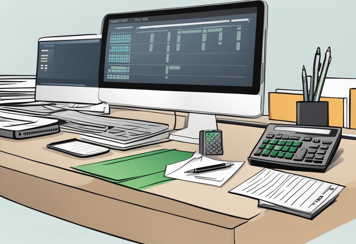 An office desk with a calculator, pen, and paper. A computer screen displays a salary calculation from 2400 gross to net