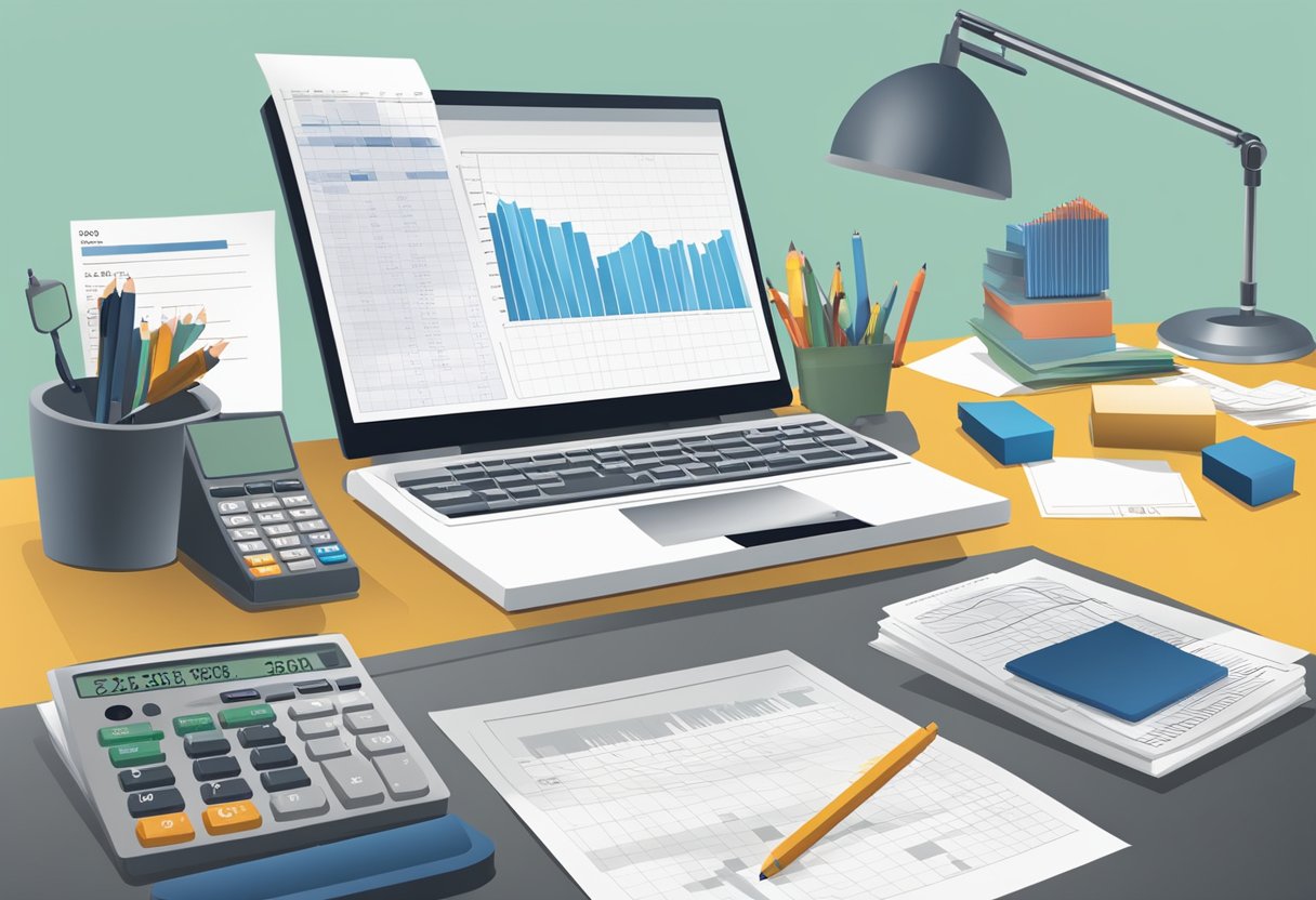 An office desk with a computer, calculator, and pay stubs. A chart or graph showing deductions and taxes